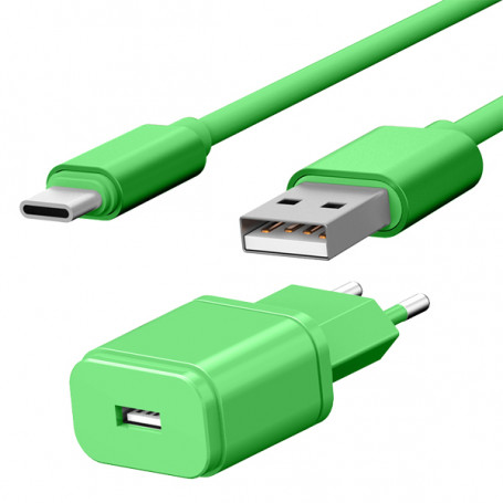 PACK CHARGEUR SECTEUR 1 USB 1A + CABLE USB VERS TYPE-C 1,7M VERTS - JAYM® COLLECTION POP