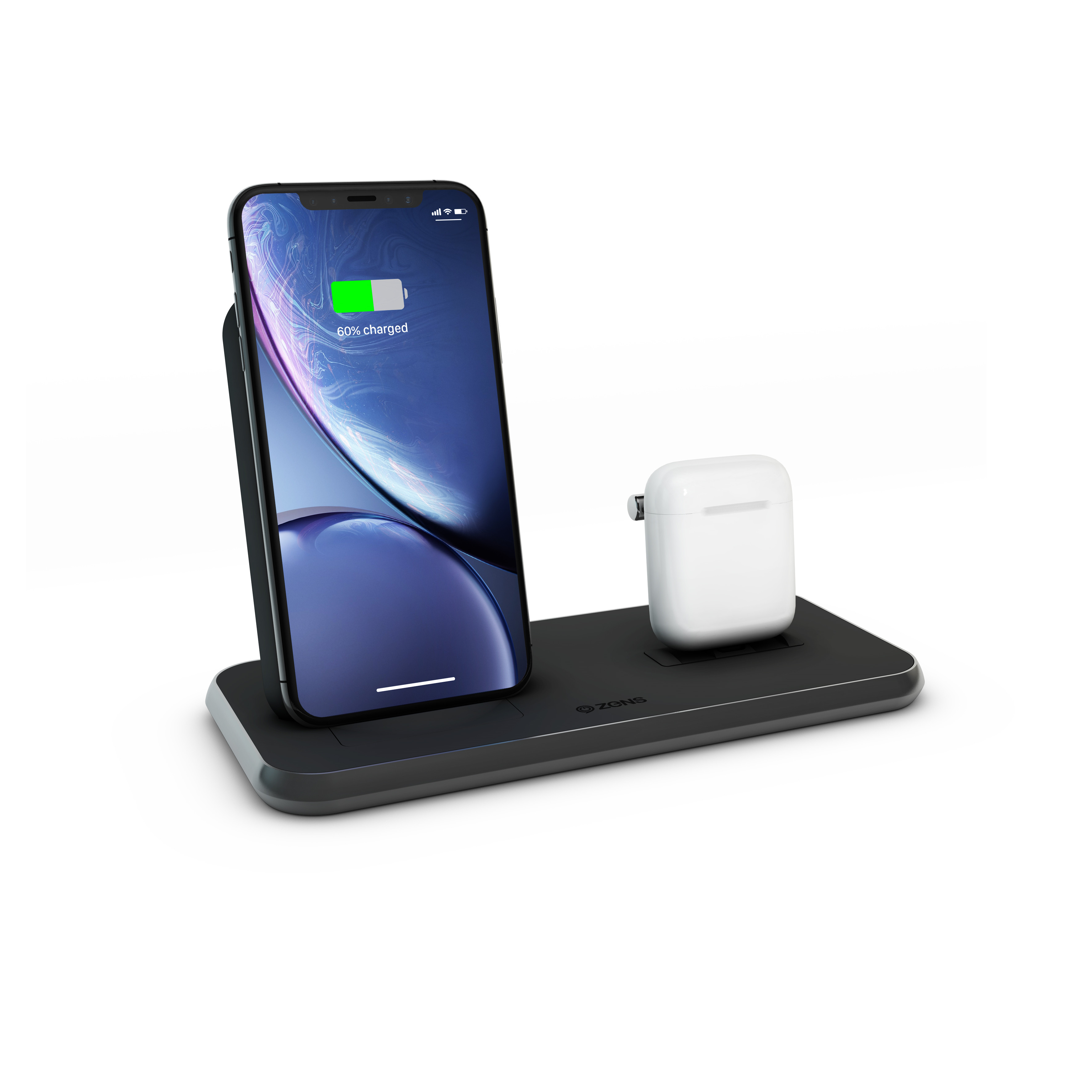 CHARGEUR INDUCTION FULL ALUMINIUM NOIR STAND + AIRPODS - FAST CHARGE QI 20W  ZENS (ZEDC06B/00)