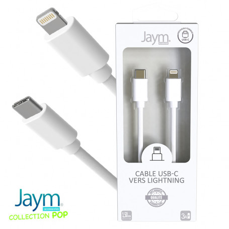 CABLE CHARGE & SYNCHRO USB-C VERS LIGHTNING PD (27W) - LONGUEUR 1.5M - BLANC - JAYM® COLLECTION POP