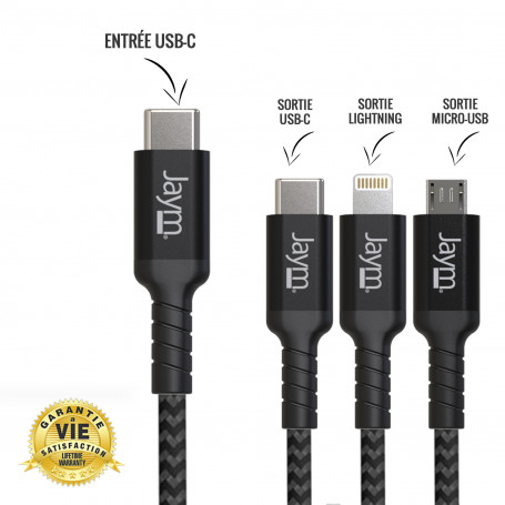 CABLE ULTRA RENFORCÉ TRIPLUG USB VERS LIGHTNING / MICRO-USB / TYPE