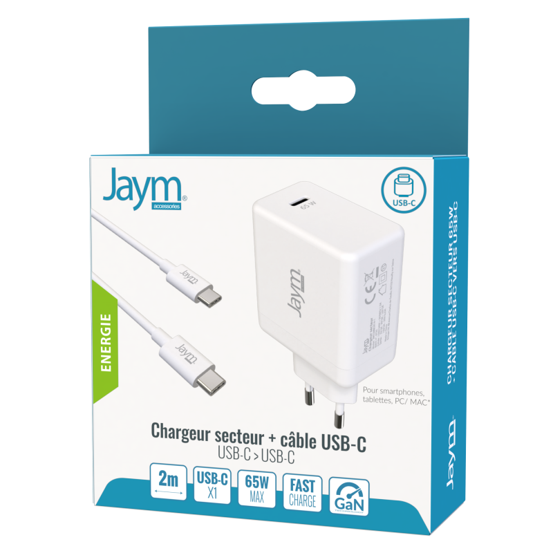 PACK CHARGEUR SECTEUR RAPIDE USB-C GAN 65W PD ET PPS + CABLE USB-C VERS  TYPE-C 2M BLANCS - JAYM®