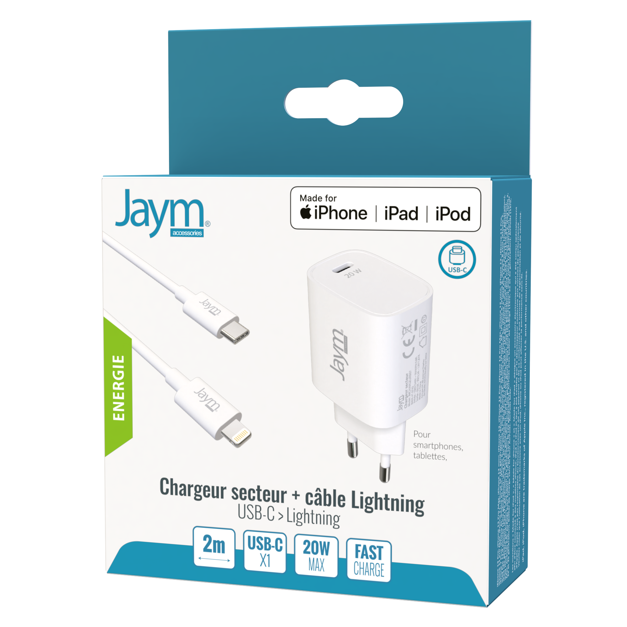 PACK CHARGEUR SECTEUR RAPIDE USB-C 20W PD + CABLE USB-C VERS LIGHTNING MFI  2M BLANCS - JAYM®