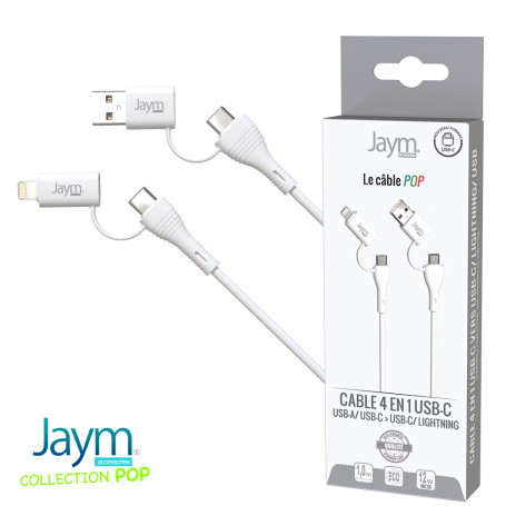 CABLE QUADRIPLUG 4-EN-1 USB-C / USB-A VERS USB-C / LIGHTNING BLANC - JAYM® COLLECTION POP