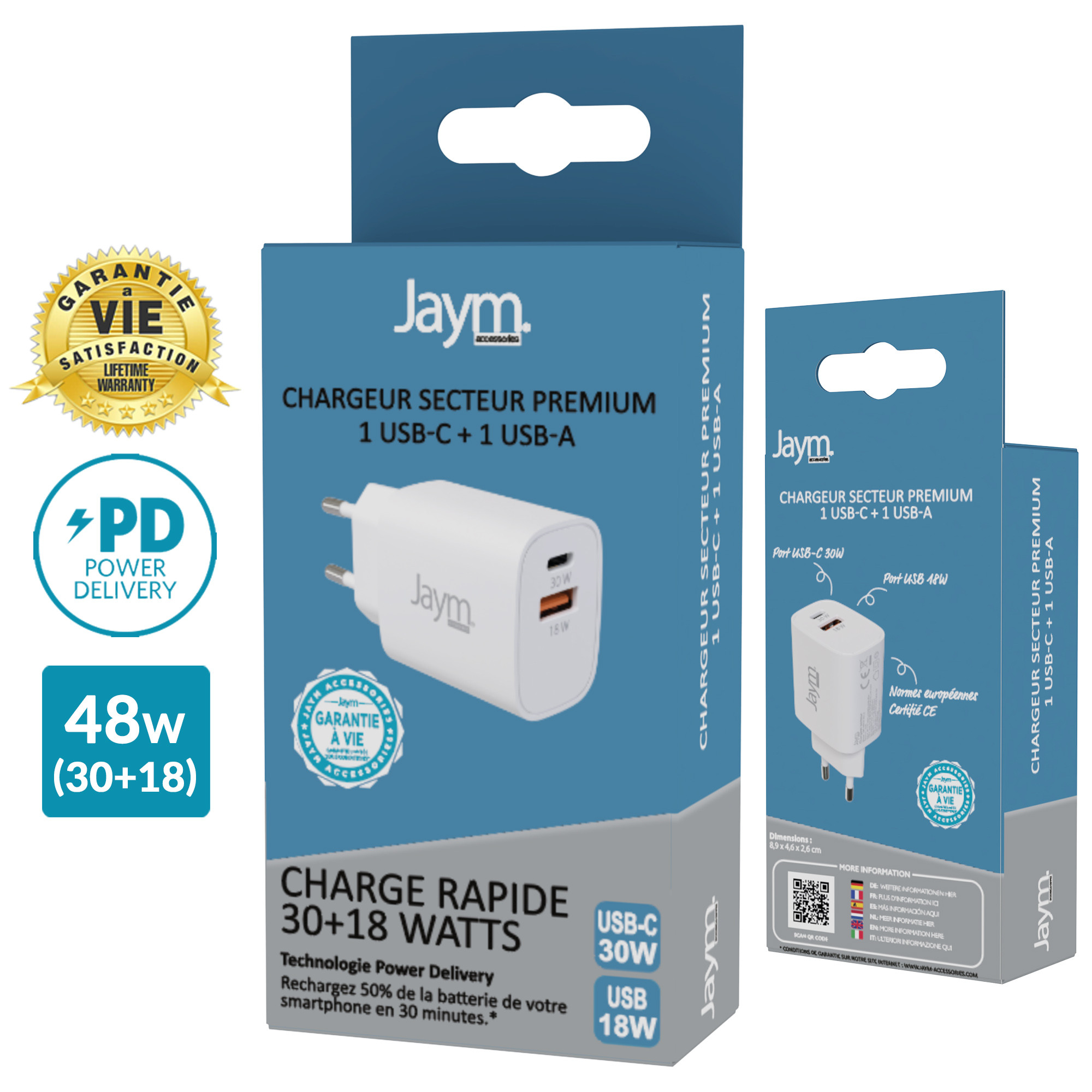 PACK CHARGEUR SECTEUR RAPIDE USB-C 30W PD + CABLE USB-C VERS LIGHTNING MFI  2M BLANCS - JAYM® (JMCOMBO011)