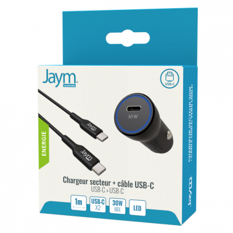 PACK CHARGEUR VOITURE RAPIDE USB-C 30W PD 12/24V + CABLE USB-C VERS TYPE-C 1M NOIRS - JAYM®
