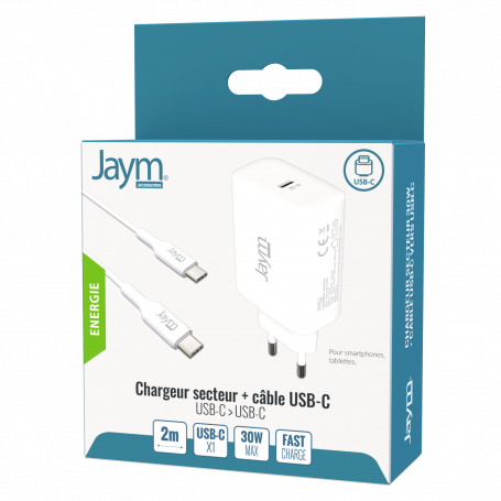 PACK CHARGEUR SECTEUR RAPIDE USB-C 30W PD ET PPS + CABLE USB-C VERS TYPE-C 2M BLANCS - JAYM®