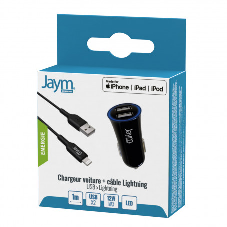 PACK CHARGEUR VOITURE 2 USB 12W 12-24V + CABLE USB VERS LIGHTNING MFI 1M NOIRS - JAYM®