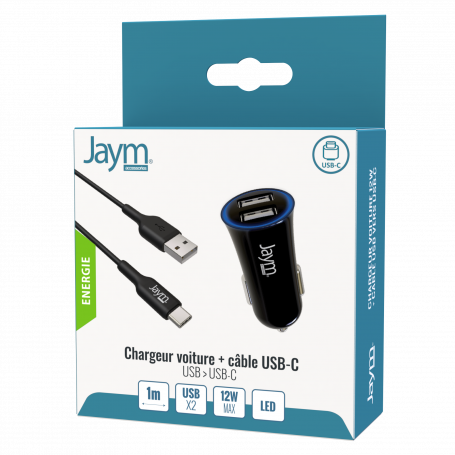PACK CHARGEUR VOITURE 2 USB 12W 12-24V + CABLE USB VERS TYPE-C 1M NOIRS - JAYM®