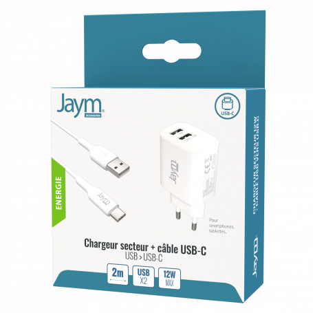 PACK CHARGEUR SECTEUR 2 USB 12W + CABLE USB VERS TYPE-C 2M BLANCS - JAYM®