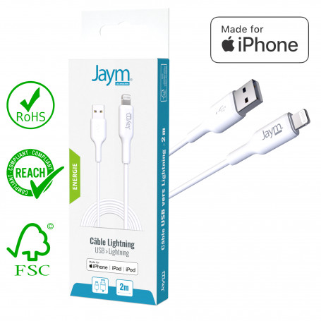 CABLE CHARGE & SYNCHRO USB VERS LIGHTNING MFI - LONGUEUR 2M - BLANC - JAYM®